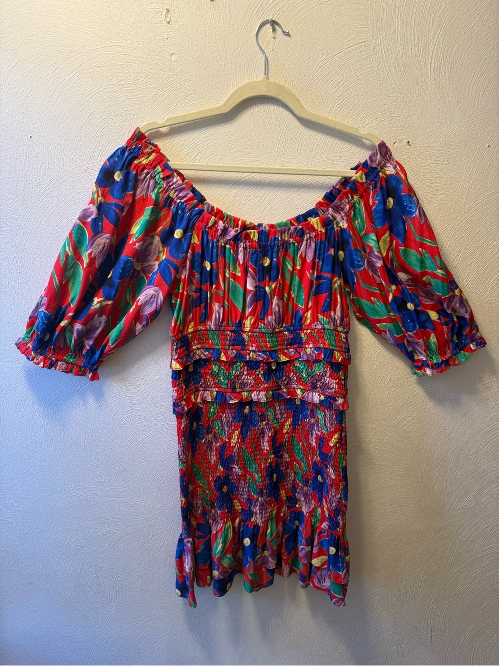 Skies Are Blue Floral Off Shoulder Smocked Mini Dress Boho Colorful Vacation L - Picture 3 of 6
